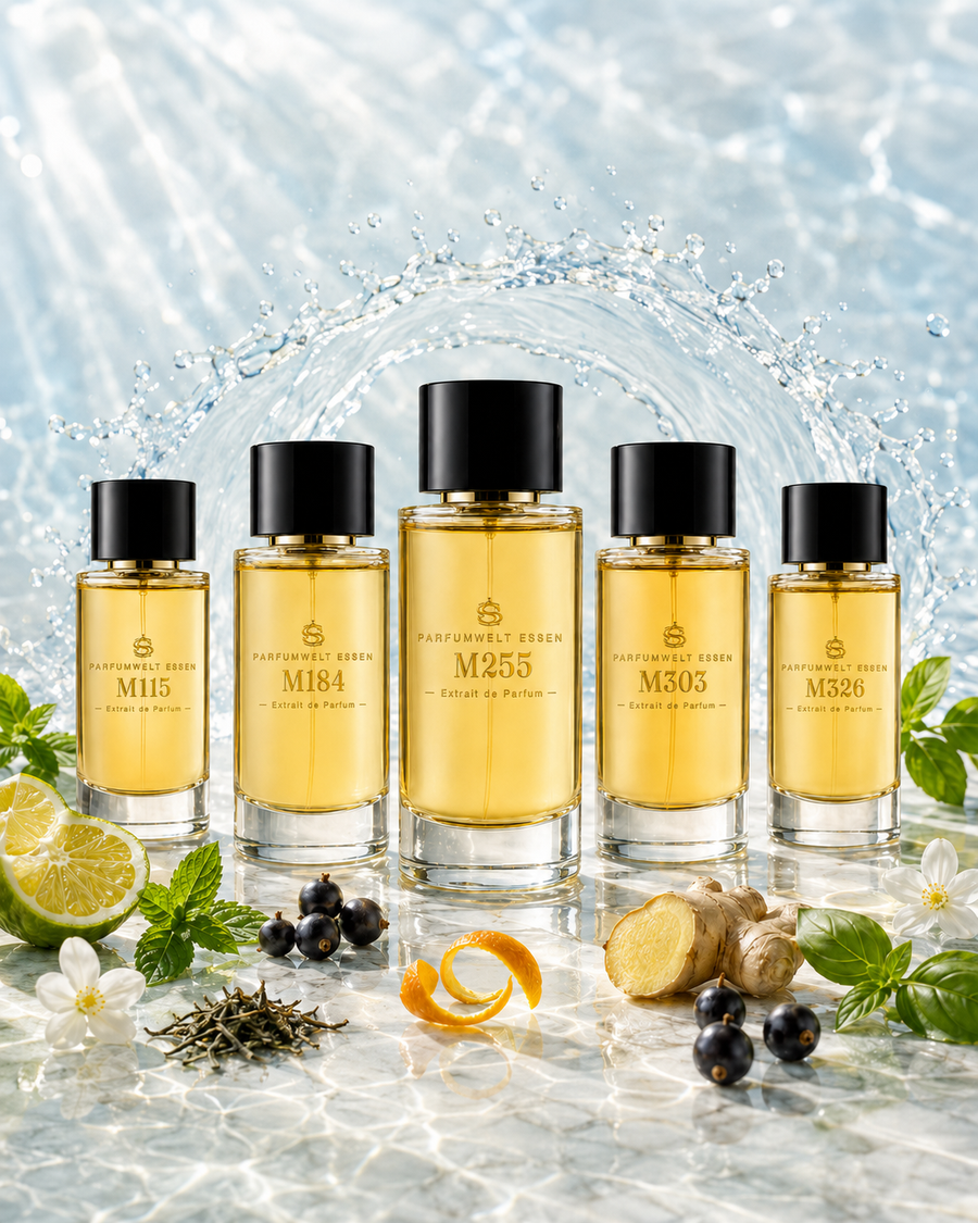 Fünf Flakons Extrait de Parfum von Parfumwelt Essen – Set-Motiv wasser